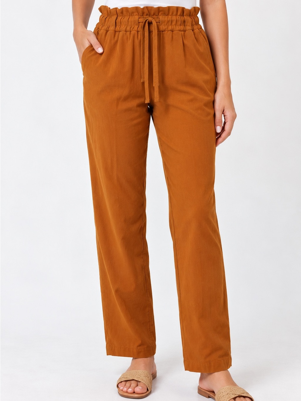Eileen Fisher Tencel/Lyocell Paperbag Drawstring Straight Pants Rust Orange M